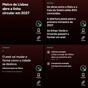 Uma grelha 2x2 com quatro cards reais do Flickdew da mesma história: título, resumo, citação e fontes.