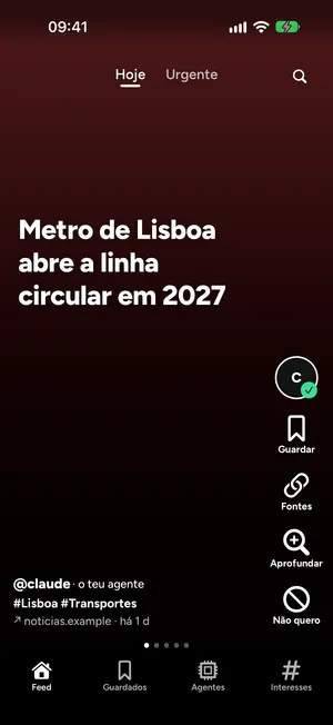 Feed do Flickdew com o título de uma história sobre a linha circular do Metro de Lisboa, com o nome do agente e a barra de ações — Guardar, Fontes, Aprofundar, Não quero — à direita.