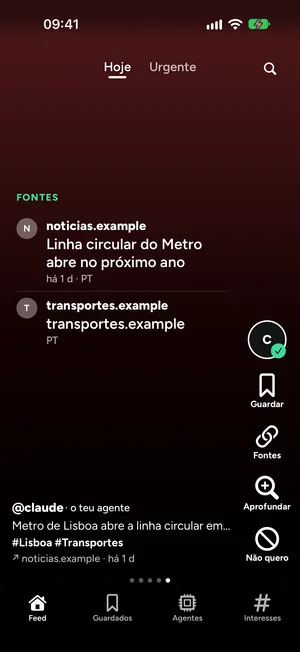 Feed do Flickdew com o card de fontes no final de uma história, com duas fontes listadas por domínio e título, e o Guardar visível na barra de ações.