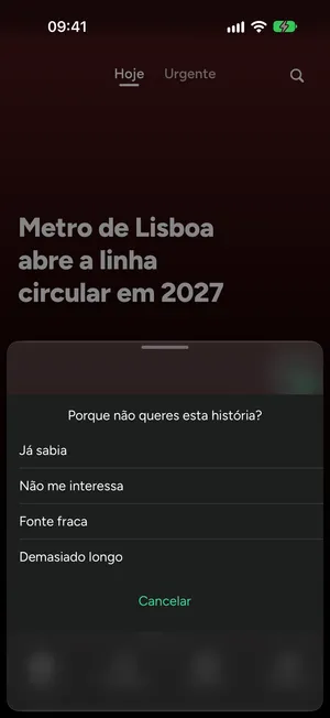 A folha «Não quero» aberta sobre uma história, a perguntar porquê, com os quatro motivos: já sabia, não me interessa, fonte fraca, demasiado longo.
